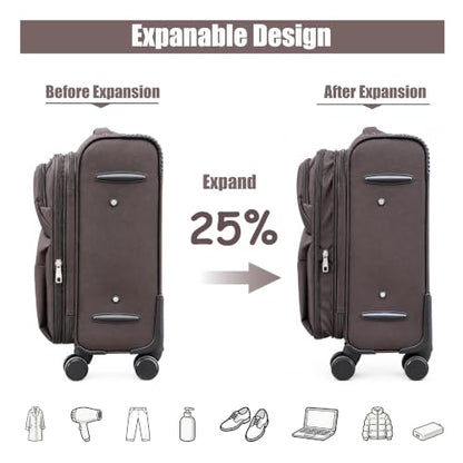 Softside Carry On Luggage Set & Spinner Wheel, Expandable Travel Suitcase - color: Coffee