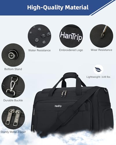 HanTrip 21 Inch Carry On Duffel Bag Foldable Overnight Tote Bags, Black - color: Black, size: Carry-on 21.5-Inch