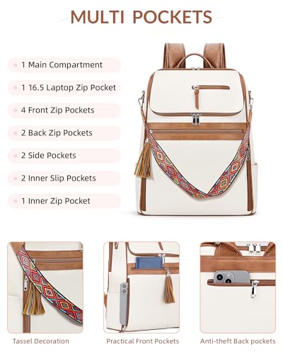 SYTRAH Leather Laptop Backpack for Women 16.5 inch Computer Packs Beige - color: Beige Brown