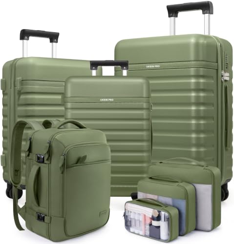 Luggage Sets 7 Piece,Hardside Large Checked Suitcase with Backpack Set - color: Amry Green, size: 7-Piece Sets