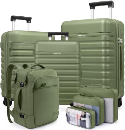 Luggage Sets 7 Piece,Hardside Large Checked Suitcase with Backpack Set - color: Amry Green, size: 7-Piece Sets