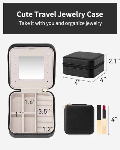 VLANDO Travel Jewelry Case with Mirror, Storage 3 Pairs of Stud Earrings - color: D.Black - Mirror