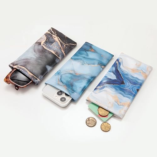 TRIUMPH VISION Eyeglass Case Glasses Case Soft Sunglass Pouch Sleeve 3 Pack - color: Pu Leather Marble Black Grey Blue White