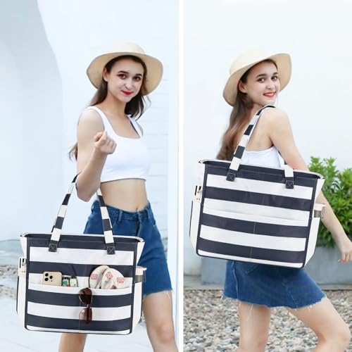 Bluboon Waterproof Beach Tote Pool Bags for Women Ladies Extra Large Carry On Bag With Wet Compartment for Weekender Travel - color: Blue Grey Stripes