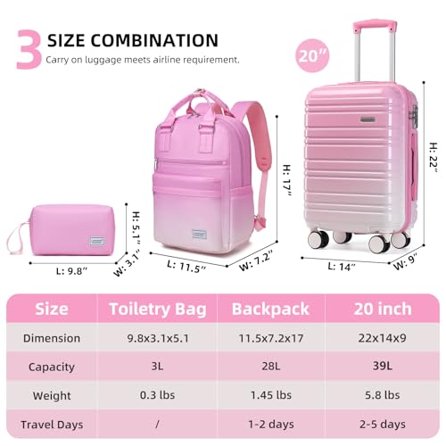 LARVENDER Carry on Luggage Sets 3 Piece, 20 Inch Suitcases, Peach Sparkling - color: Peach Sparkling-20BP, size: 3 Piece Set (Backpack/TB/20)