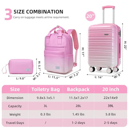 LARVENDER Carry on Luggage Sets 3 Piece, 20 Inch Suitcases, Peach Sparkling - color: Peach Sparkling-20BP, size: 3 Piece Set (Backpack/TB/20)