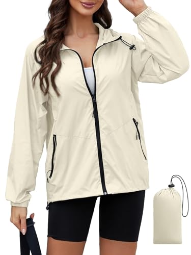 PITINAN Women's Rain Jacket Packable with Hood Lightweight Travel XS-3XL - color: Beige, size: Large