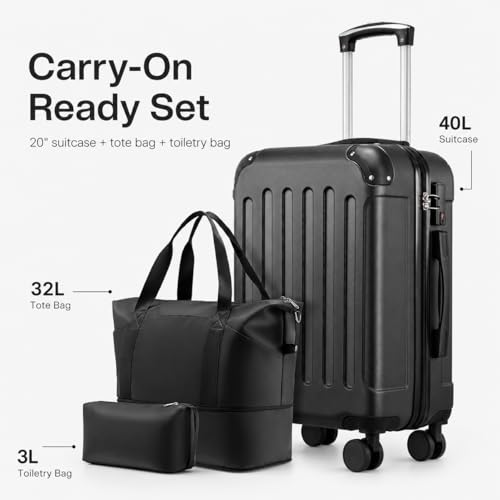 YOETEY Lightweight Hardshell Carry On Luggage, 20 Inch, 3-Piece Set - color: Black, size: 3-Piece Luggage Set