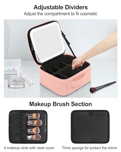 Chomeiu Makeup Bag with LED Mirror, Cosmetic Travel Bag with Sturdy Handle - color: 04-Pink 2, size: A-Small