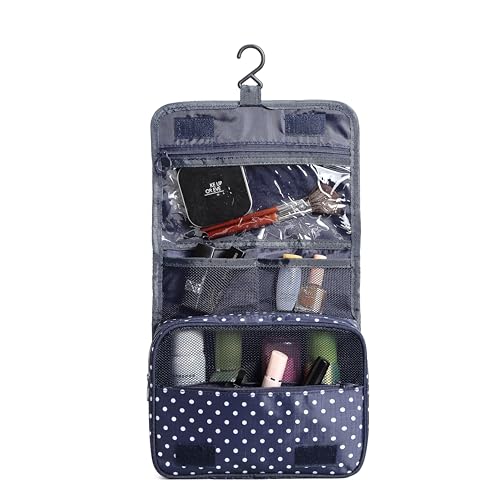 Sechunk Waterproof Travel Toiletry Bags Hanging Multi-function Cosmetic Bag Makeup Bag for Women - color: navyRound Dot