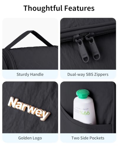 Narwey Hanging Toiletry Bag for Women, Quilted Travel Cosmetic Makeup Bag - color: Black
