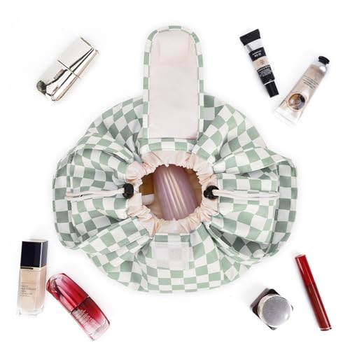 Narwey Lay Flat Drawstring Makeup Bag, Travel Toiletry Cosmetic Bag Women - color: Z-Mint Green Checkerboard