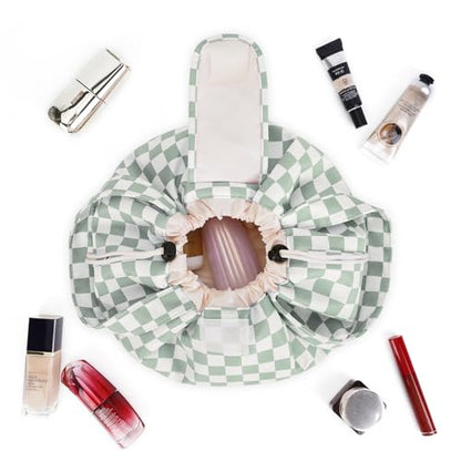 Narwey Lay Flat Drawstring Makeup Bag, Travel Toiletry Cosmetic Bag Women - color: Z-Mint Green Checkerboard