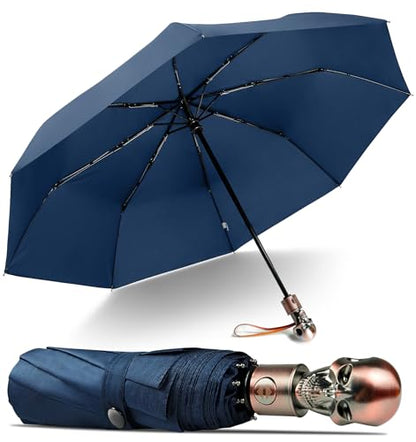 Skull Handle Windproof Travel Umbrella Compact Portable, Auto Open Close - color: 05.Blue