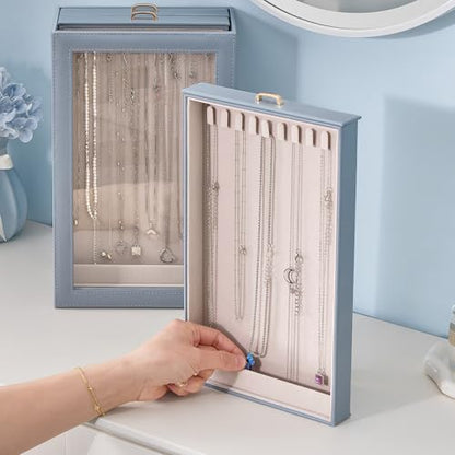 Lolalet Necklace Organizer Box, Jewelry Display Case, Blue, 3 Layers - color: Dusty Blue, size: 3 Layers, 30 Hooks