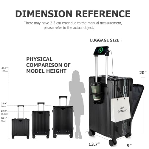 feilario PC Hardside Carry On Luggage, Aluminum Frame, TSA Lock, Cup Holder - color: A-Jet Black