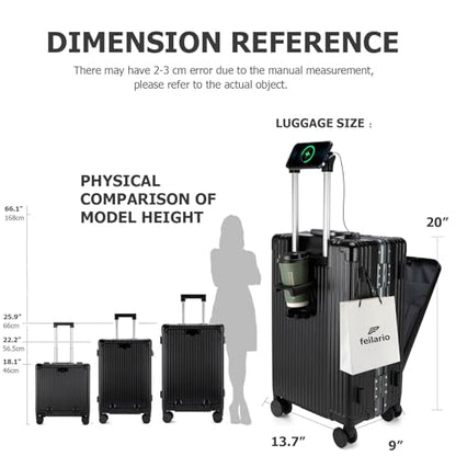 feilario PC Hardside Carry On Luggage, Aluminum Frame, TSA Lock, Cup Holder - color: A-Jet Black