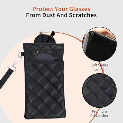 Double Eyeglass Case Soft Dual Glasses Case for Women Men Travel Squeeze Top Sunglasses Cases Eyeglasses Pouch - color: Black+white Lanyard