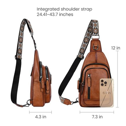 HESHE Leather Sling Bag for Women RFID Crossbody Purse Fanny Pack Chest Bag - color: Light Brown
