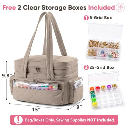 AMOIGEE Puffy Double-Layer Sewing Storage Bag with 2 Clear Organizer Boxes - color: Greige