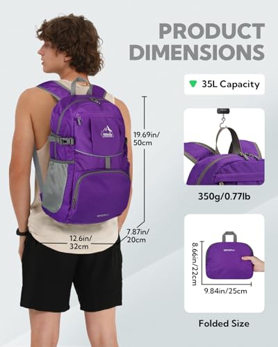 WATERFLY Large Lightweight Packable Hiking Backpack Foldable Travel Daypack - color: D-purple, size: 35L