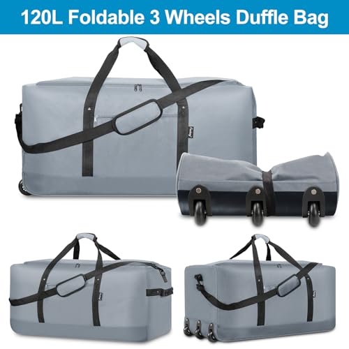 Finnhomy 120L Foldable Rolling Duffel Bag with 3 Wheels, Light Weight Travel Duffel bag with Large Loading Capacity, 32'' Rolling Duffel bag with Shoulder Strap - color: Grey