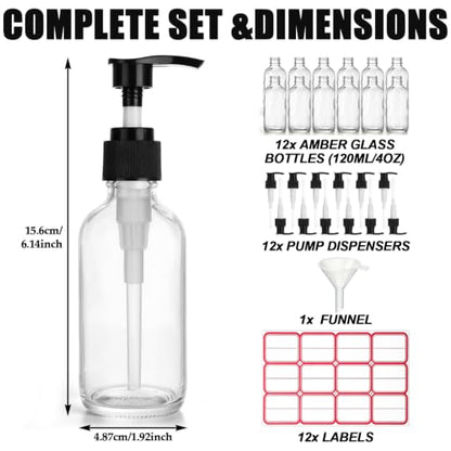 Acrux7 12PCS Glass Pump Bottles 4 oz Clear Refillable Lotion Dispenser