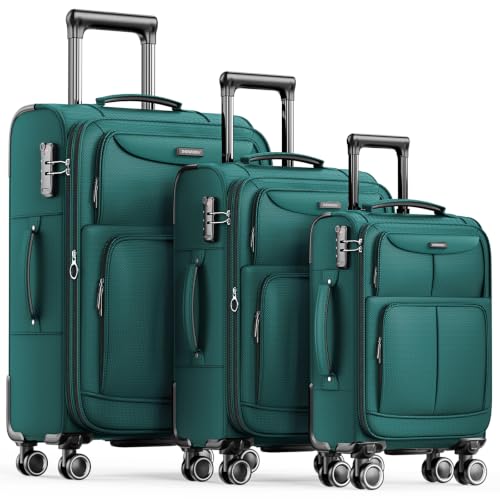 SHOWKOO Luggage Sets 3 Piece Softside Expandable Durable Suitcase Sets - color: Dark Green