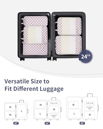 Narwey Compression Packing Cubes for Travel, Cute Luggage Organizer Bags - color: ZZ-Dusty Pink Checkerboard