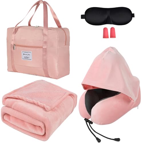 Travel Blanket and Pillow Set - Hooded Neck Pillow Airplane Essentials Pink - color: Pink