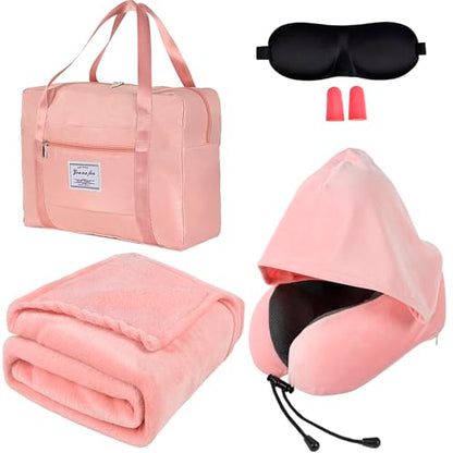Travel Blanket and Pillow Set - Hooded Neck Pillow Airplane Essentials Pink - color: Pink