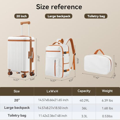 3 Piece Carry On Luggage Set with Backpack, White-Brown | PC+ABS Travel Suitcase Sets Hardshell Rolling Luggage Lightweight Durable - color: White-Brown, size: 20''/BP/TB
