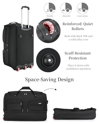 Expandable Rolling Duffle Bag with Wheels, 28" Foldable Carry On Luggage Suitcases, Water-Resistant Travel Duffle Bag Carry On Suitcase Weekend Bag for Women Men Black - color: Black, size: 28in