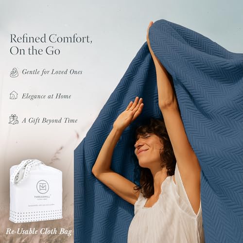 Threadmill Luxury Cotton Blankets for King Size Bed | All-Season Cozy 100% Cotton King Size Blanket | Herringbone Soft Fall Thermal Blanket fits Cal King Size Bed | Folkstone Blue | All-Season Thermal Blanket, Soft & Breathable, Cozy Moisture-Wicking, OEK