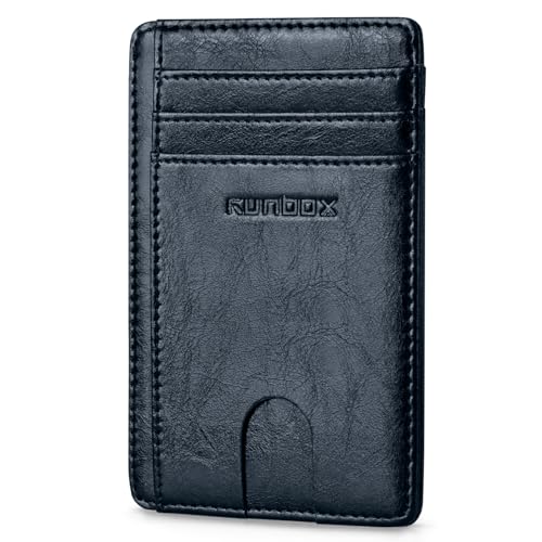 RUNBOX Slim Wallet for Men and Women, RFID Blocking Leather Card Holder - color: Oil Dark Blue