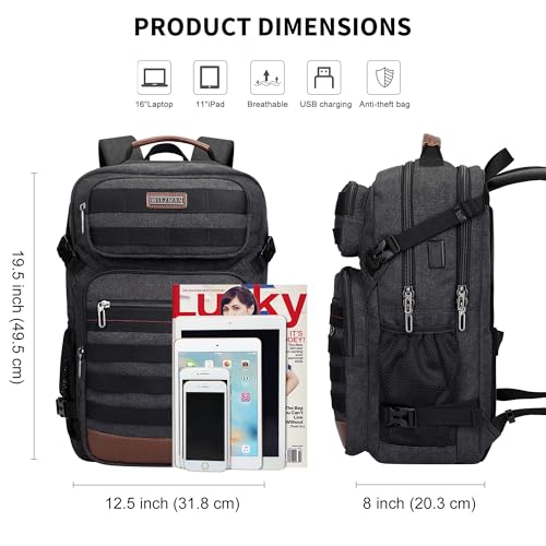 WITZMAN Canvas Travel Backpack for Men Multiple Pockets - color: Black