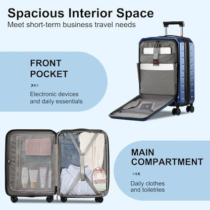 CENSIEN Expandable 20" Carry On Luggage Airline Approved with Front Pocket - color: Navy Blue, size: 20 Inch EXT