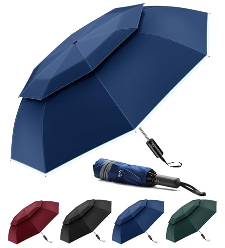 Urvoix Compact Golf Umbrella, Windproof Double Canopy Reflective Stripe - color: Blue, size: 45"