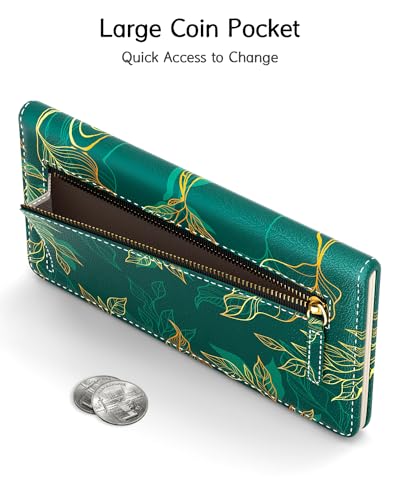 Womens Wallet, RFID Slim Wallet, Credit Card Holder Purse, Leather Bifold - color: Luxury Green Leaf