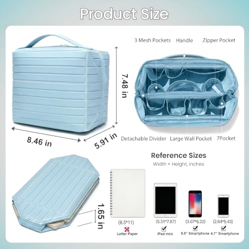 Fold Down Standing Makeup Bag – Large Travel Toiletry Organizer (Blue) - color: Blue