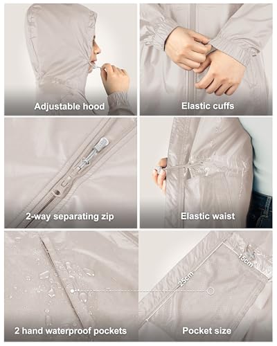 33,000ft Women's Waterproof Long Rain Coats Packable Rain Jacket with Hood - color: Beige, size: X-Small
