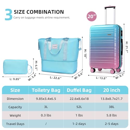 LARVENDER Carry on Luggage Sets 3 Piece, 20inch Suitcase Set, Cotton Candy - color: Cotton Candy 20in, size: 3 Piece Set (20/DB/TB)