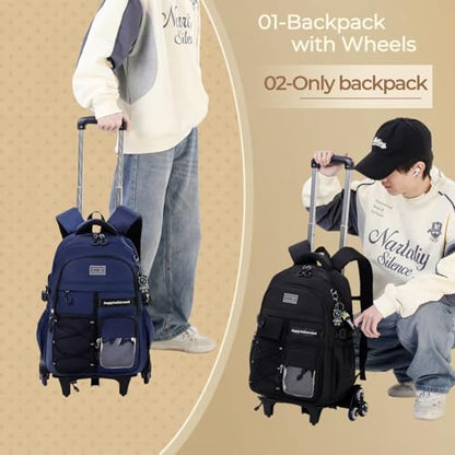 MITOWERMI Rolling Backpack with Wheels for Girls Boys, Black 6 Wheels - color: 6-wheel Black, size: 6-Wheel