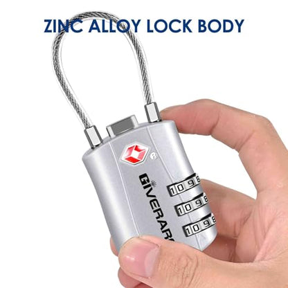 GIVERARE 2 Pack TSA Approved Luggage Locks, Combination Travel Cable Lock, Re-settable 3-Digit Padlocks with Alloy Body, Keyless TSA Padlock for Gym Locker, Golf Bag Case-Silver - color: 2 pack Silver