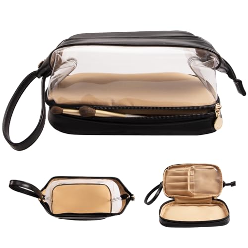 Abiudeng Large Capacity Makeup Bag Ladies Cosmetic Bag Travel Bag with Compartments Portable PU Leather Travel Makeup Bag with Handle - color: Clear-Black