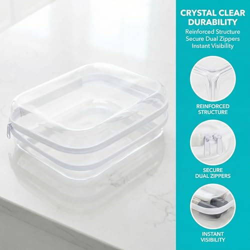 Clear Hard Shell Travel Case with Zipper, Portable Plastic Organizing Pouch, Black Trim, Transparent Storage Container (White) - color: White