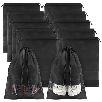Black Travel Shoe Bags - 10 Pcs Non-Woven Packing Bags with Clear Window - color: Black, style: 10 Pack
