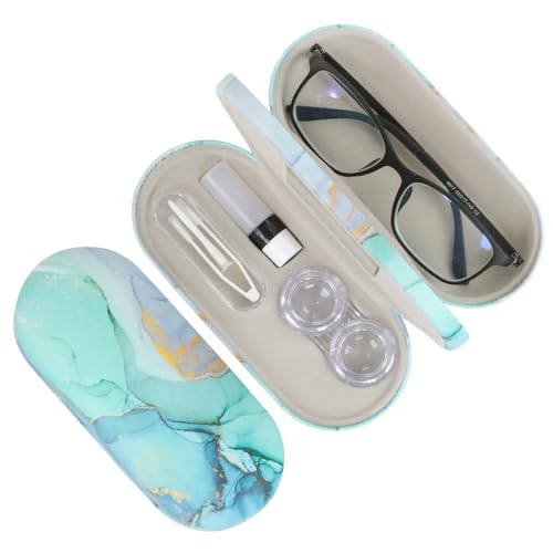 2 in 1 Contact Lens Case and Eyeglasses Case for Women Men Kids, Double Sided Hard Shell Portable Glasses Travel Holder with Built-in Mirror, Contact Lens Box (Green Marble) - color: Green Marble