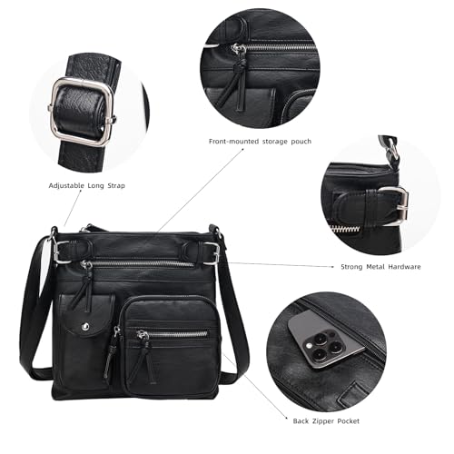 KouLi Buir Crossbody Bag for Women, Leather Purse with Adjustable Strap Lightweight Shoulder Bag with Zipper Pockets - color: Balck