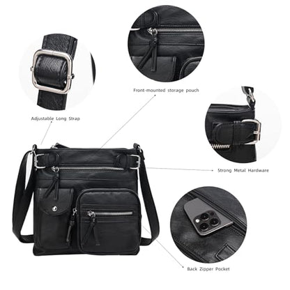KouLi Buir Crossbody Bag for Women, Leather Purse with Adjustable Strap Lightweight Shoulder Bag with Zipper Pockets - color: Balck
